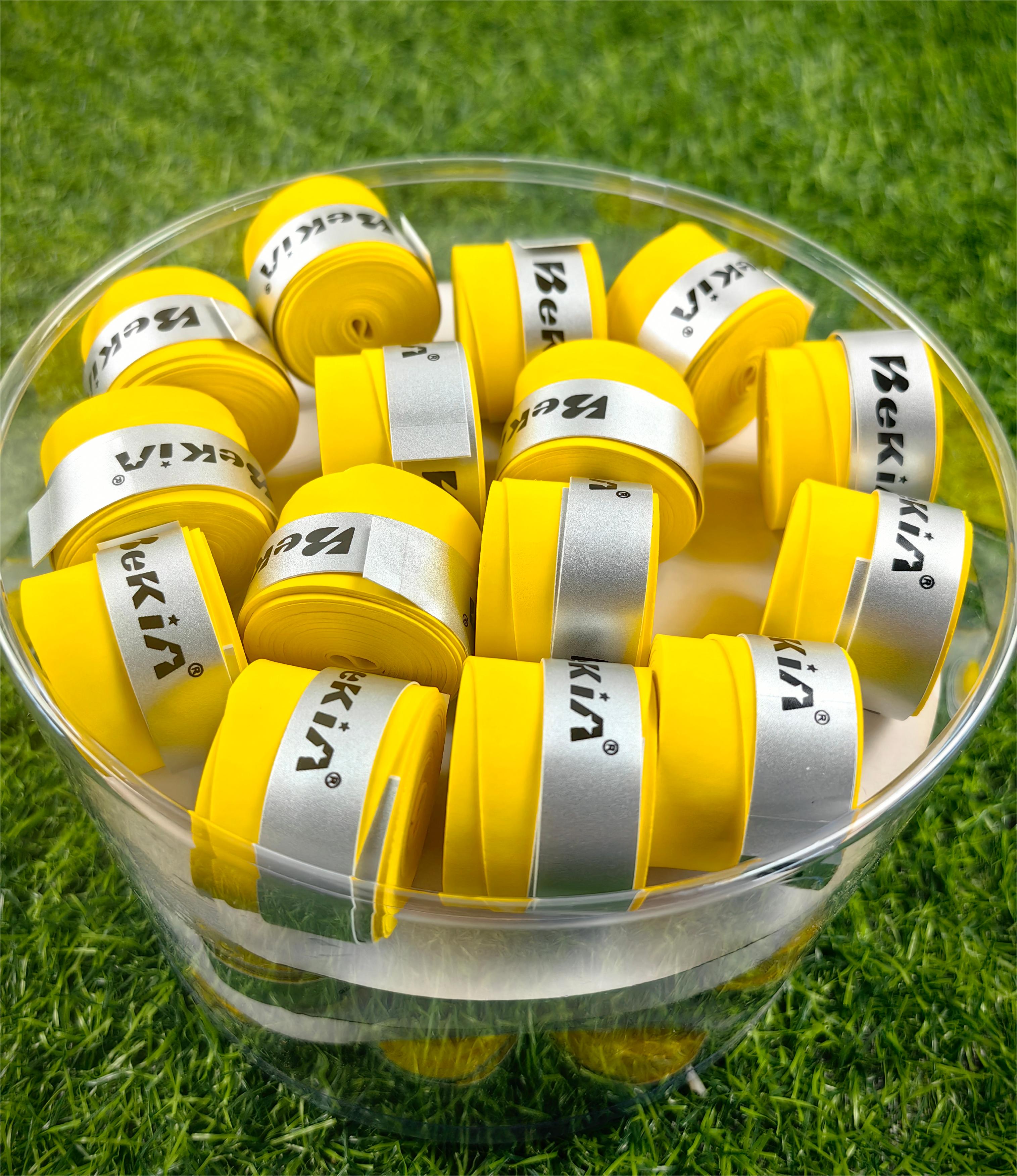 60 kpl/pakkaus kuiva tennismailan kahva liukumaton hikeä imevä suojus tapit sulkapallokahvat mailan tärinäsuoja hikinauha: Keltainen