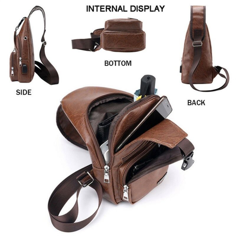 Brand Men PU Leather Sling Pack Chest Bag Crossbody One Shoulder Backpack Biker Satchel Brown Black Bag