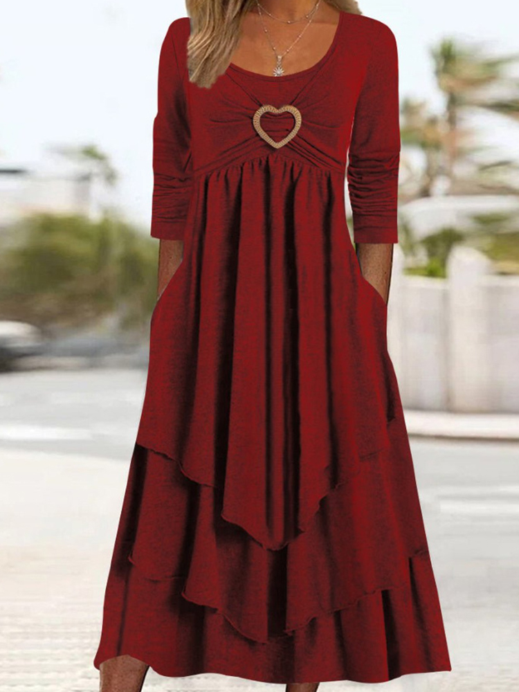 Office Women Patchwork Pockets Midi Dress Round Neck Basic Solid Long Sleeve Dress Lady Casual Summer Ruffles Club Dress
