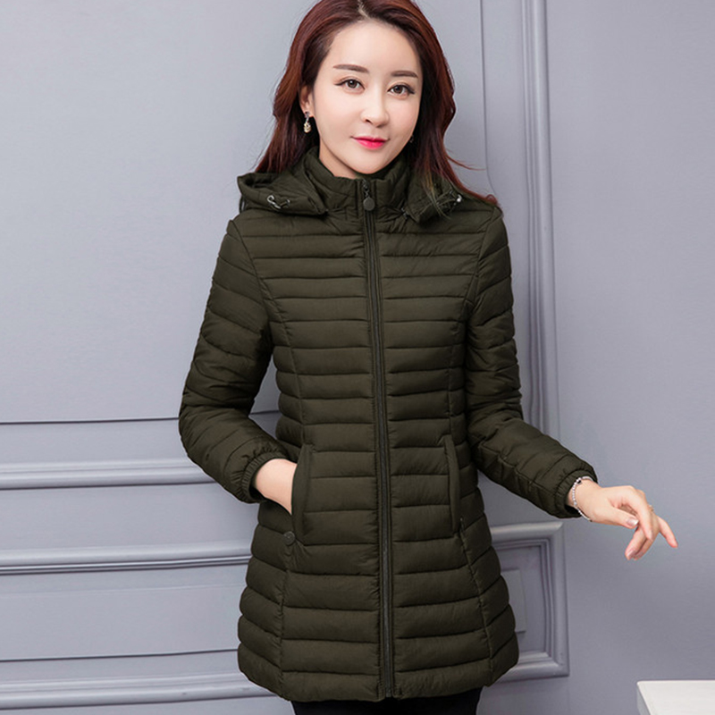 Kvinner høst vinter jakke parkas solid hette middels langt yttertøy slim plus size 7xl kvinnelig dunjakke i bomull  w33