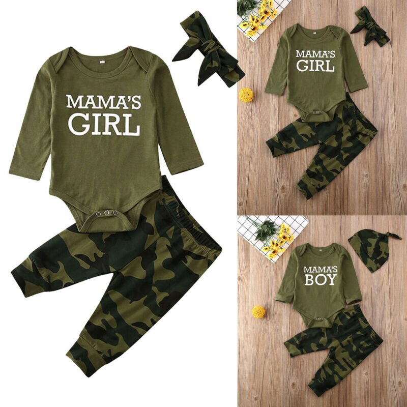 0-12M Baby MAMA'S JONGEN/MEISJE Romper Top Camo Broek Kleding 3 STUKS Katoenen Baby Kleding Set outfit