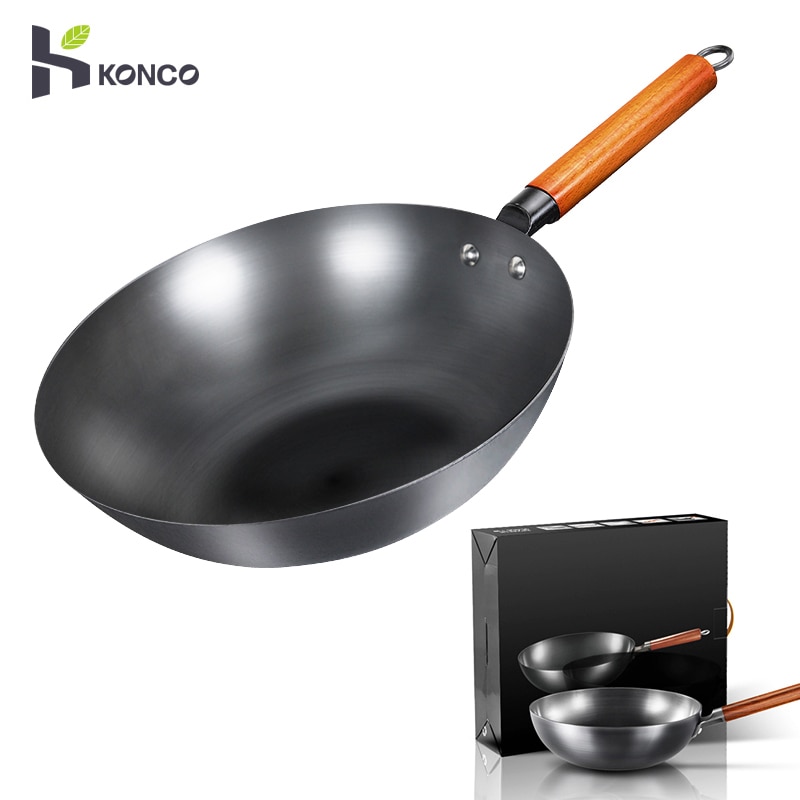 Konco Chinese Ijzeren Wok Traditionele Handgemaakte Ijzeren Wok Non-stick Pan Non-Coating Gas En Inductie Kookplaat Kookgerei keuken Pot