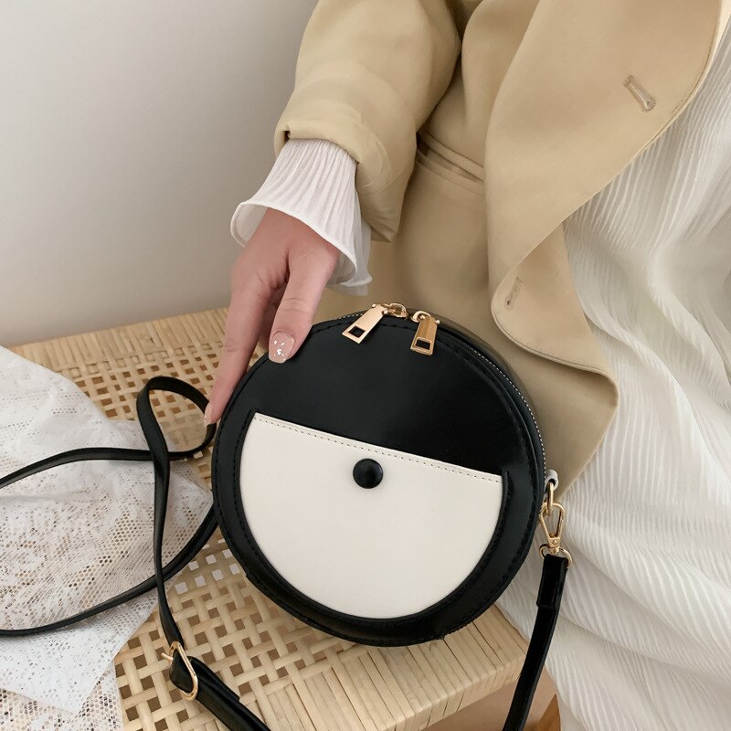 Small Round Shoulder Bag - PU Leather - Single Strap - Zipper Closure - Casual Tote