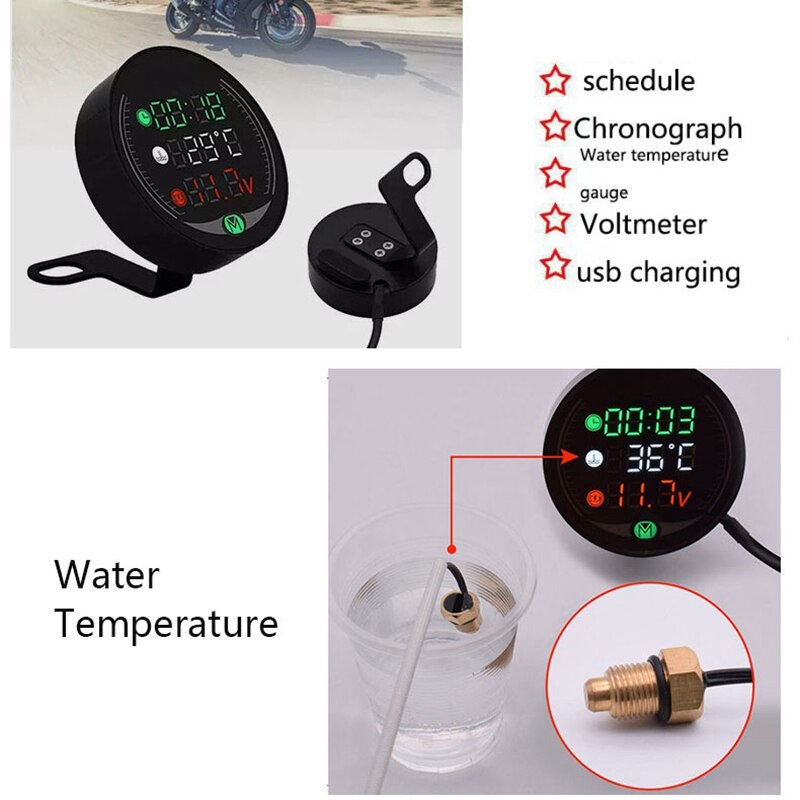 5 In 1 Motorfiets Water Temperatuur Meter Usb Oplaadbare Tijd Voltmeter Led Nachtzicht Meter Met Temperatuur Sensor