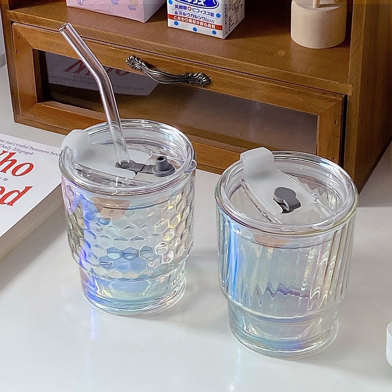 400Ml Koreaanse Ins Gekleurde Koffie Cup Verticale Strepen Glas Cup Met Stro &amp; Deksel Melk Sapkop Verzegelde Reizen mok Water Fles
