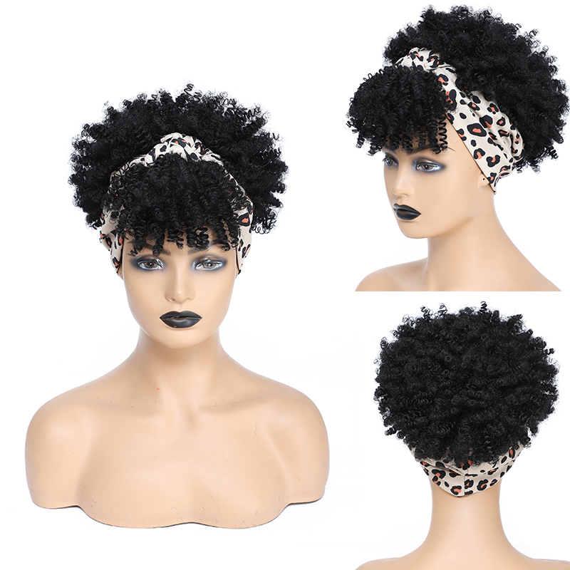 Afro Kinky Curly Headband Wigs Short Fluffy Curly Scarf Wig with Bangs Natural Synthetic Afro Curly Head Band Wig Cosplay: P1B/613