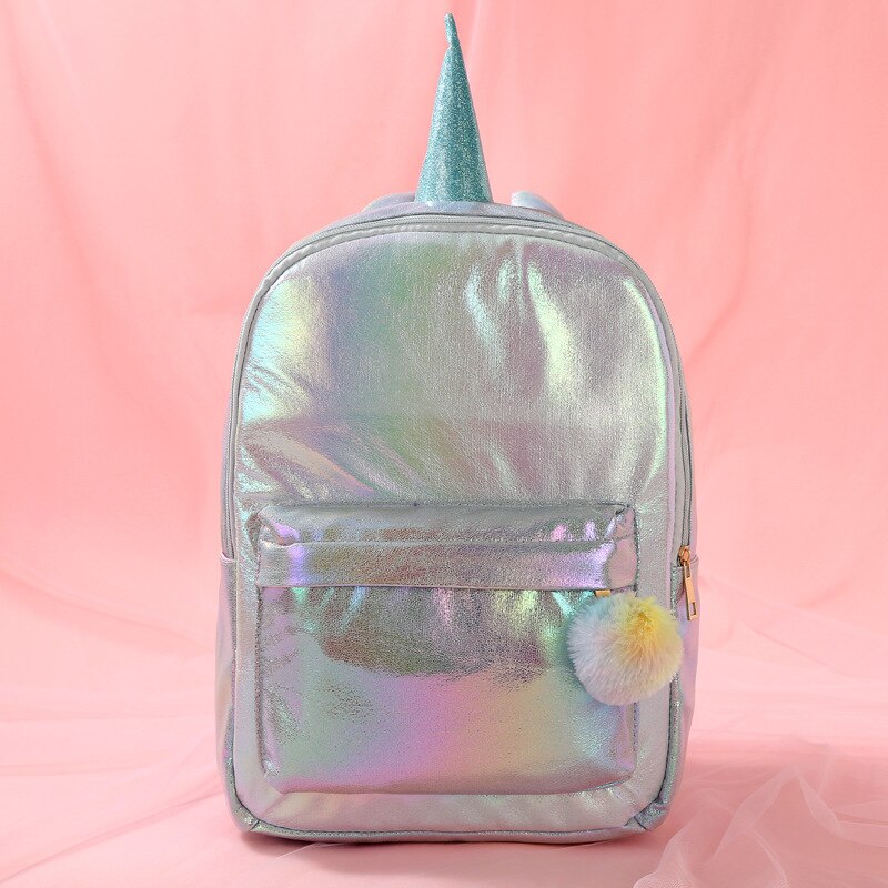 Elegante Mochila Unicórnio Moda Portátil Ombro Saco Saco De Armazenamento Colorido Brilhante Mochila para Meninas Da Escola: Light Blue