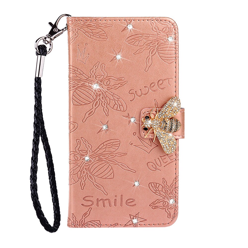 Bee Rhinestone Diamond Book Case Cover for Xiaomi Redmi 7 7A Note 7 8 Pro Luxury Flip Glitter Shell With Hand Rope: Redmi Note 8 Pro / Rose Gold