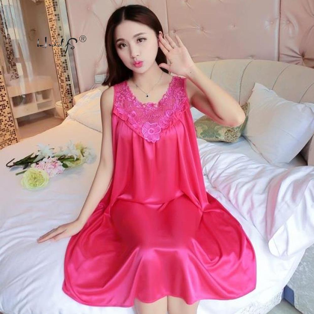Nachthemden Vrouwen Zomer Ruches Kant Ijs Zijde Nachthemd Sexy Vest Jurk Losse Plus Size Nachtkleding Nachtjapon Sleepshirt Homewear: Rose Red