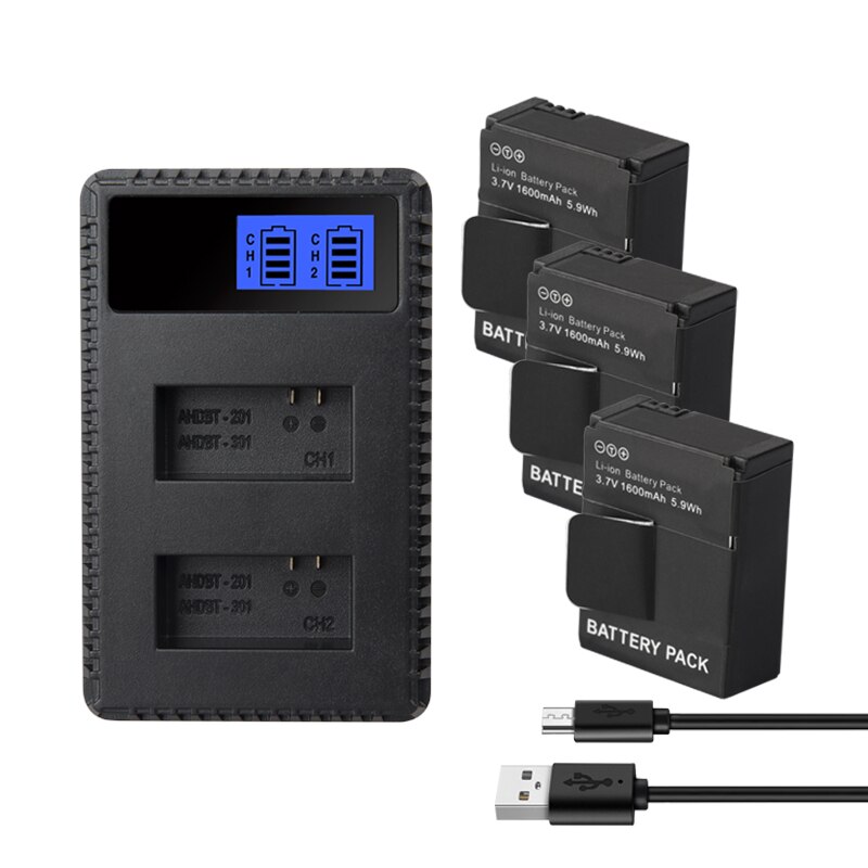 Batería Para GoPro 2 3 HERO3 HERO3 + Hero 2 AHBBP-301 AHDBT 201 AHDBT 301 AHDBT 302 1600mah cargador de baterías de la cámara: 1Charger 3Battery