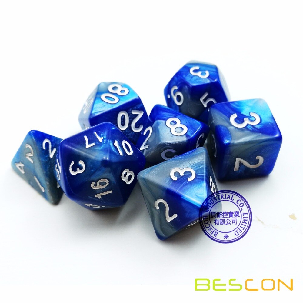 Bescon Gemini Polyhedral Dice Set Steelblue, Two-tone RPG Dice Set of 7 d4 d6 d8 d10 d12 d20 d% Brick Box Pack