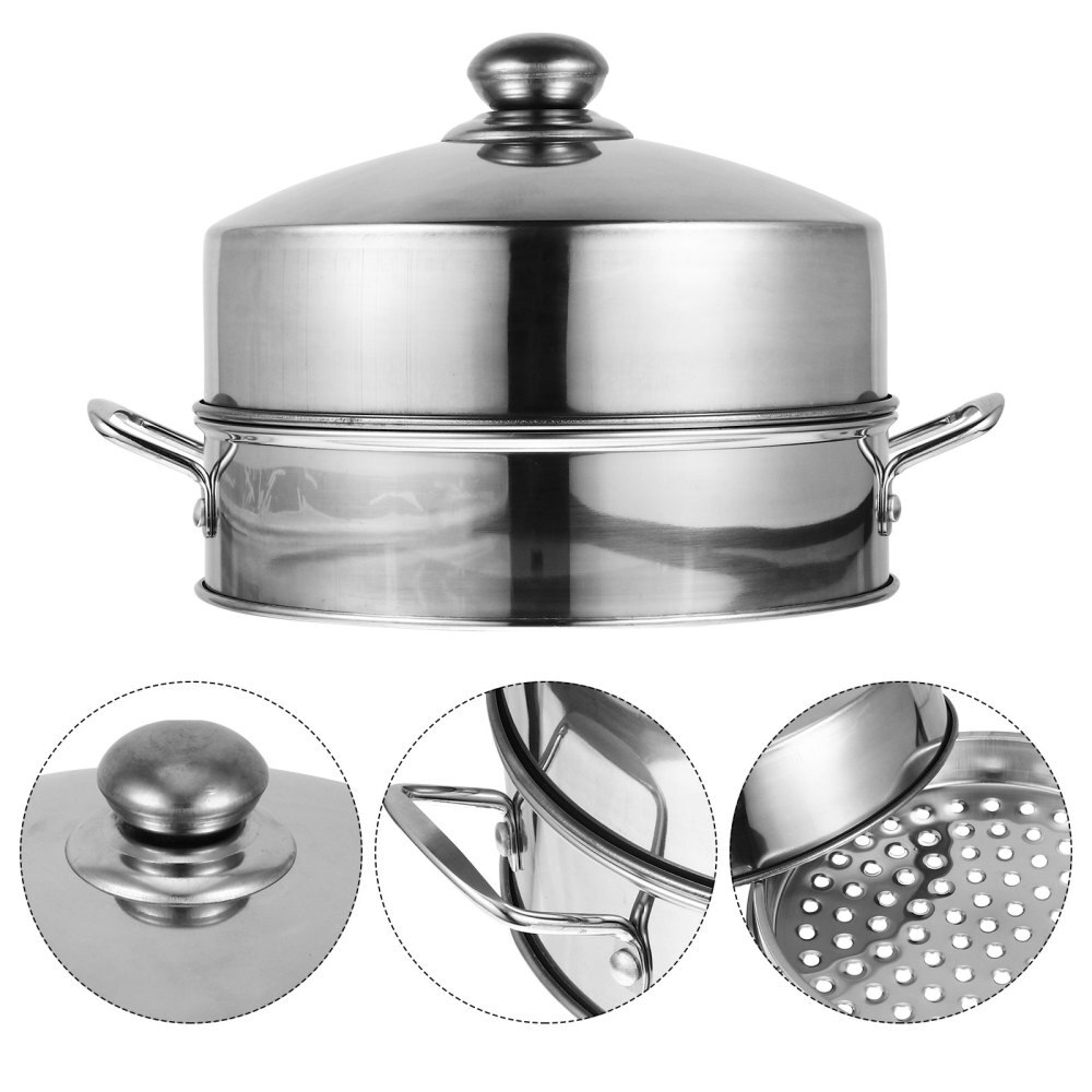 1 Set 20cm Steamer Baskets Stainless Steel Food Kitchen Steamer Rustproof Lid: Silver