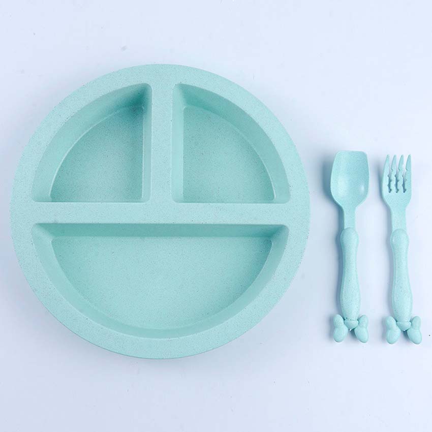 Cartoon Baby Dishes Wheat Fiber Sub-grid Plates Irregular Children Tableware For Infant Toddler Kids Feeding Utensils: Green Smile Set