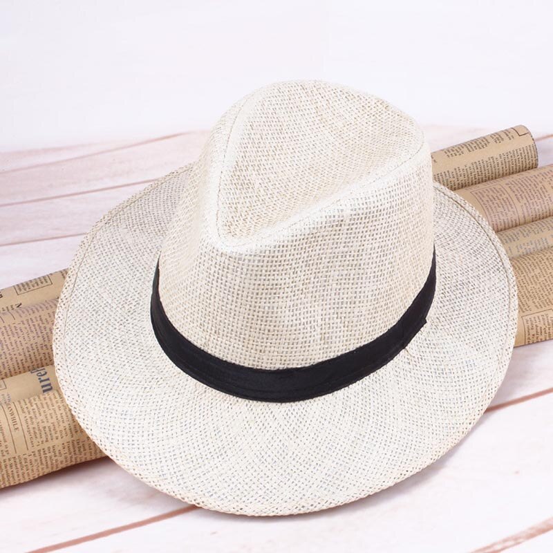 Mannen Stro Panama Hoed Handgemaakte Cowboy Cap Zomer Strand Reizen Zonnehoed Nyz Winkel: WHITE