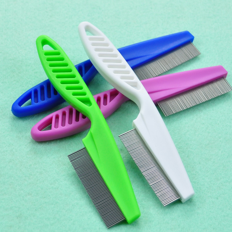 Cepillo de acero inoxidable para perros y mascotas, herramienta para quitar piojos de dientes densos, peine con mango de plástico, peines para mascotas