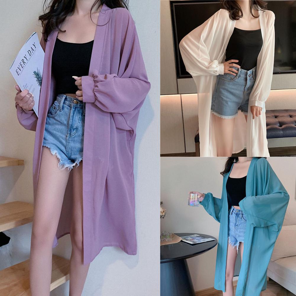 Vrouwen Zomer Mouw Effen Kleur Anti Zon Dunne Vest Midi Jas Vrouwelijke Zomer Strand Kimono Lange Batwing