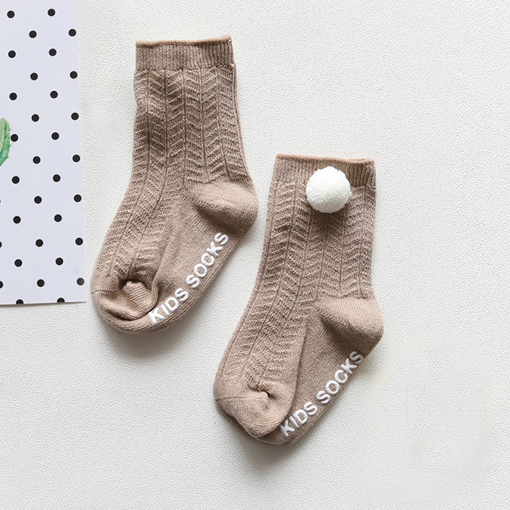 5 Colors Cotton Baby Short Socks Anti Slip Knit Knee Boy Girl Foot Warmer Pom Pom Ball Socks: khaki / 12M