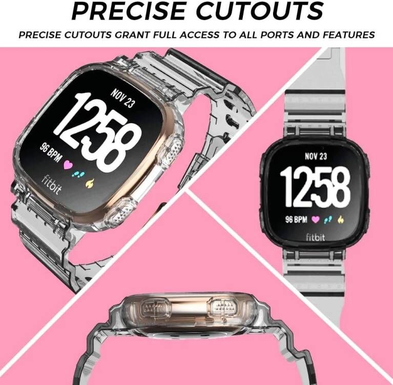 Sport Transparante Band Voor Fitbit Versa 2 3/Gevoel Crystal Clear Vervanging Band Met Robuuste Bumper Case Horloge Fit accessoires