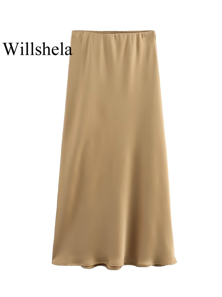 Willshela, falda Midi plisada lisa de satén a la para mujer, faldas elegantes Vintage con cintura media elástica para mujer