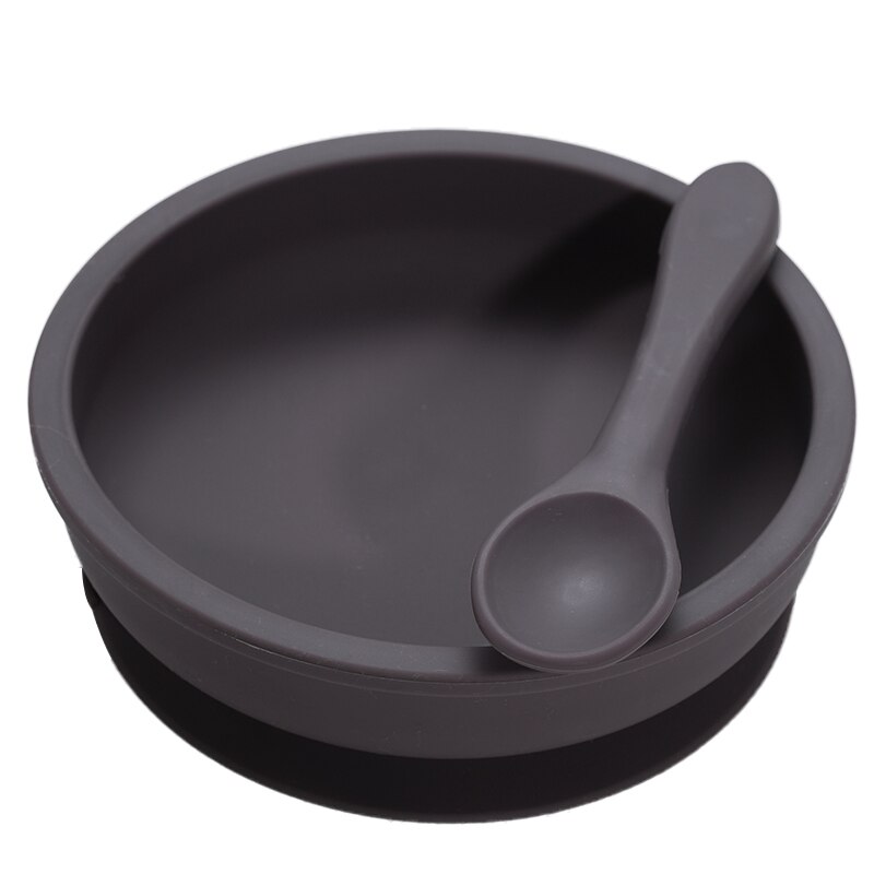 Bpa-vrij effen baby siliconen serviesset peuterveiligheidszuiger silicagel kom bord en lepel kinderkeukengereedschap: 021- diep grijs