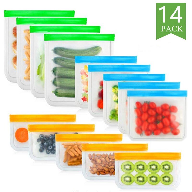 Juego de Bolsas de Silicona para Alimentos, Conjunto de Empaques con Sello, Ideal para Almacenamiento y Conservación Fresca de Frutas y Verduras, Reutilizable, A Prueba de Fugas, Estilo Bolsa Ziploc, 14 Piezas: T4