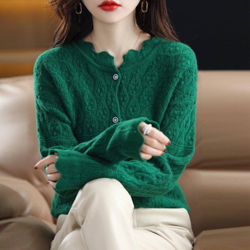 Suéter verde de lana pura para mujer, Rebeca de punto hueco, Top de Cachemira, ropa francesa de , primavera y otoño, novedad