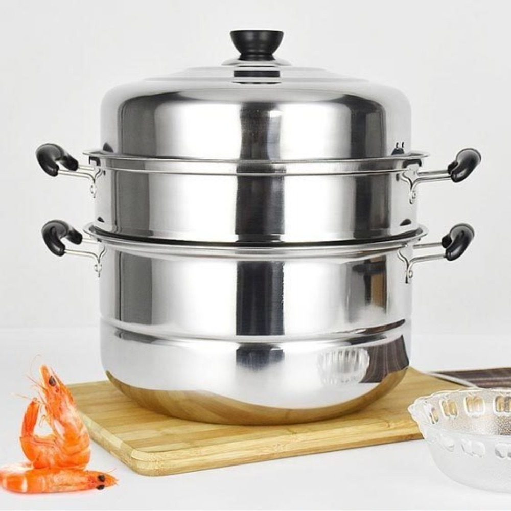 Stainless Steel Steamer Cooker 26-34cm Thickened Soup Steam Pot 3 Layer Deepened Stockpot Cookware Induction Cooker Gas