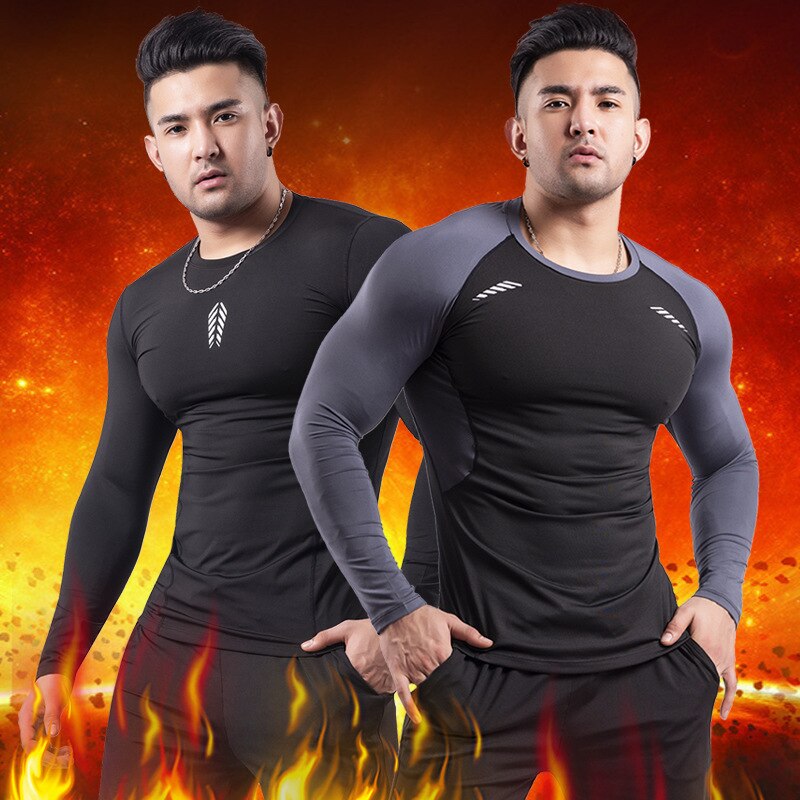 Heren outdoor fitnesskleding heren winter fleece warme strakke t-shirt outdoor training basketbal hardloopkleding