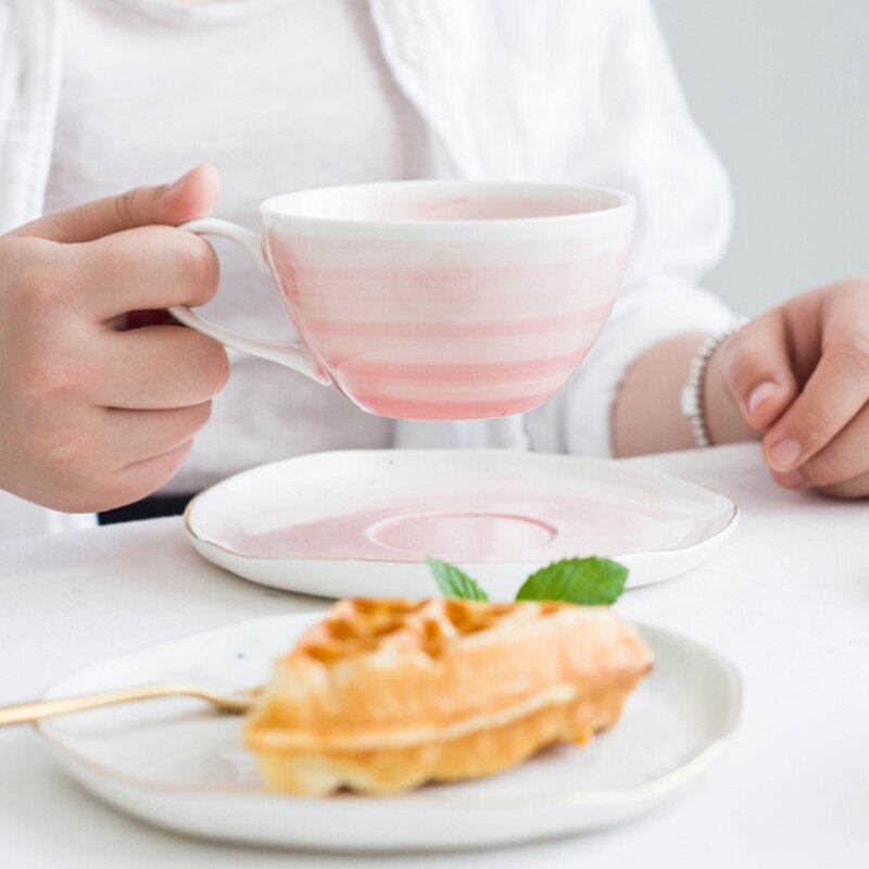 Ceramic Pink Tea Cup and Saucer Porcelain Coffee Cup Set Drinkware One Person Set