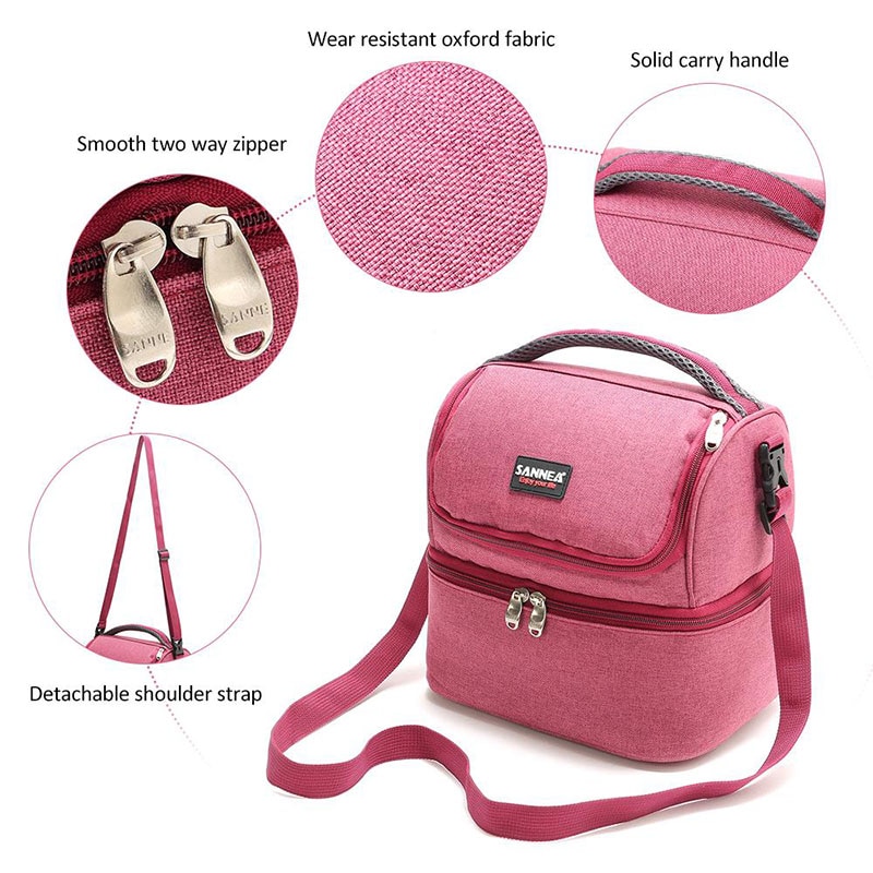 Double-Deck Insulated Lunch Bag Women Thermal Large Capacity Cooler Bag Portable Lunch Tote Food Bag