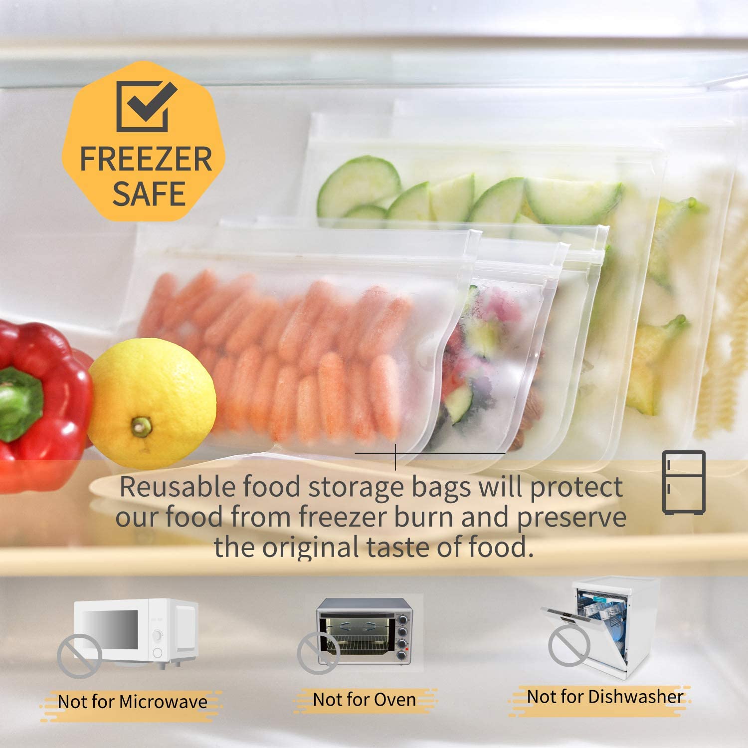 Silicone Reusable Food Storage Bags Zipper Freezer Bags for Snack Sandwich Meat Fruit Leakproof Plastic BPA FREE Lunch Bag