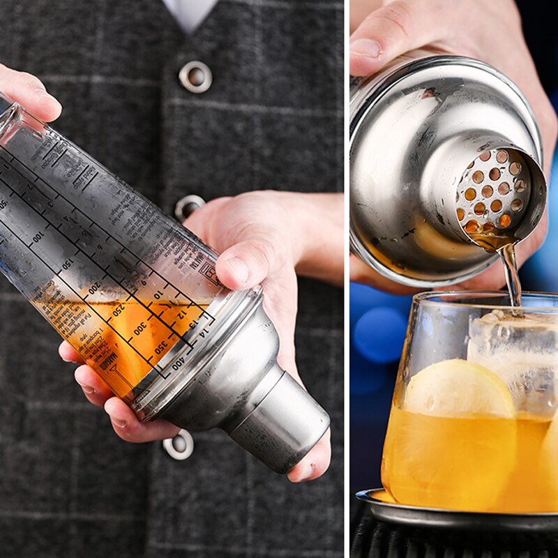 Bar Martini Bartender Tool-Mezclador de vino de 400ML/14OZ, botella agitadora, jugo de fruta, nieve, taza doble a escala, coctelera de vidrio