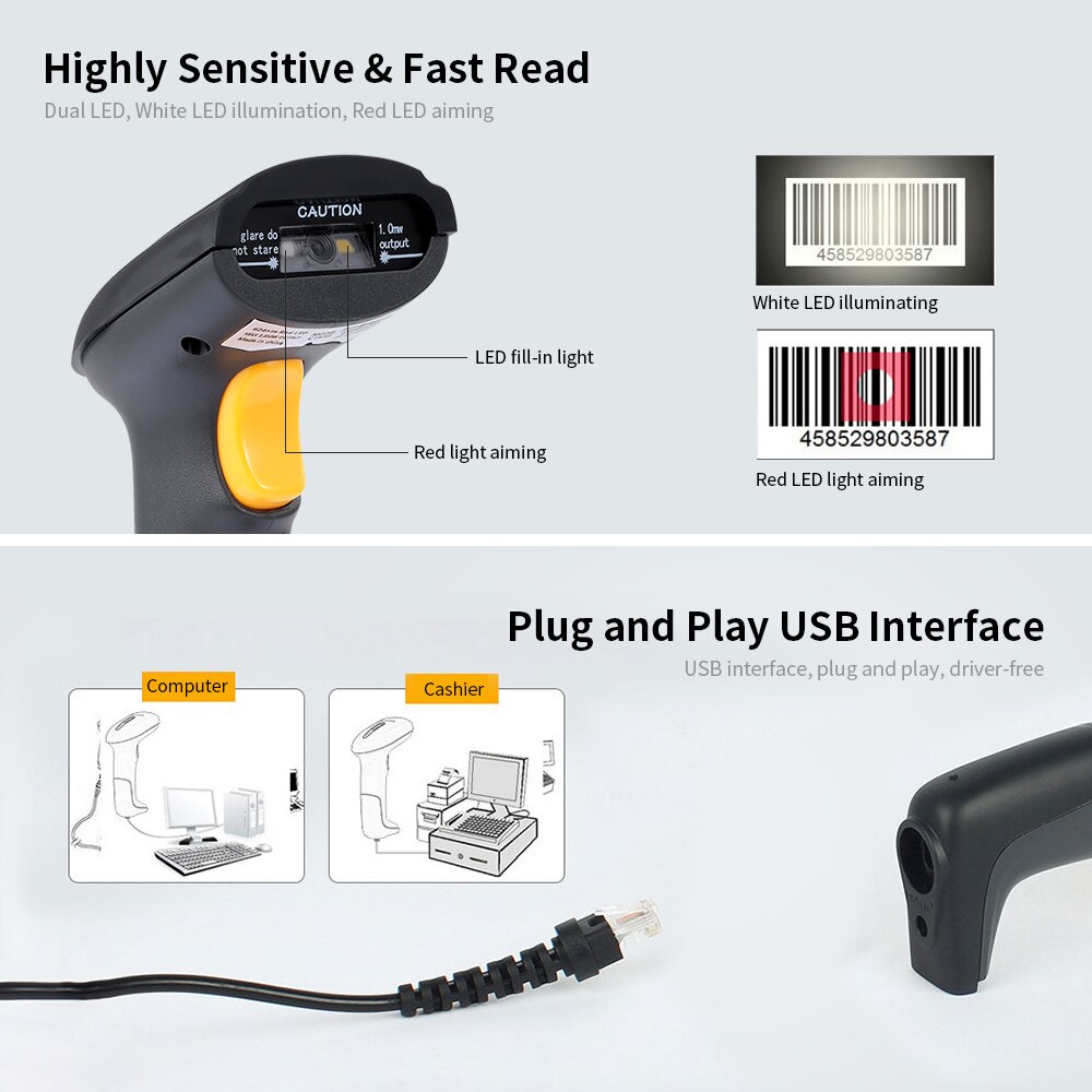 Wired 1D QR 2D Barcode Scanner USB Wired Bar Code Reader CCD Data Matrix Barcode Image Auto Scanning for Warehourse Payment