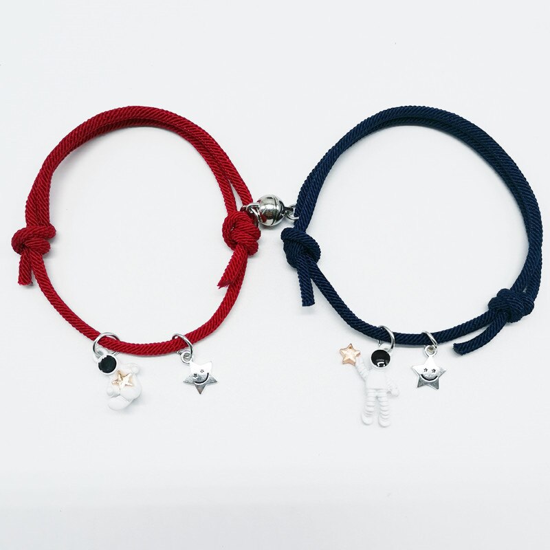 2Pcs/set Couple Bracelet Magnetic Attraction Bracelet Friendship Rope Bracelet Cute Star Astronaut Bracelet for Women: wine blue white