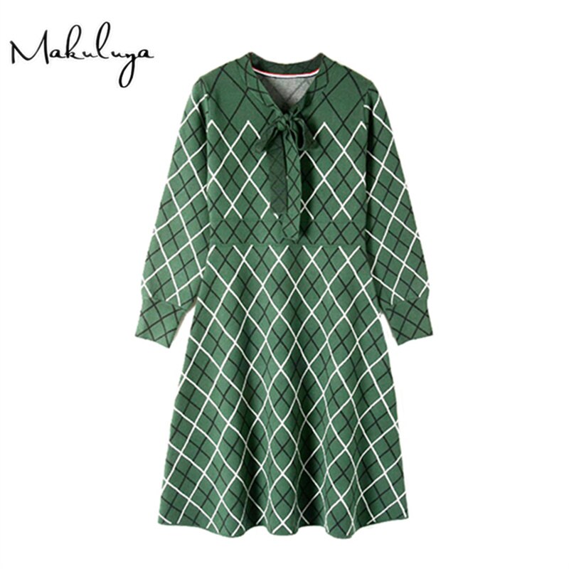 Makuluya Women Green Plaid Lattices Bow Knitted Dresses Female Long-sleeved Spring Autumn Winter Top QW: L