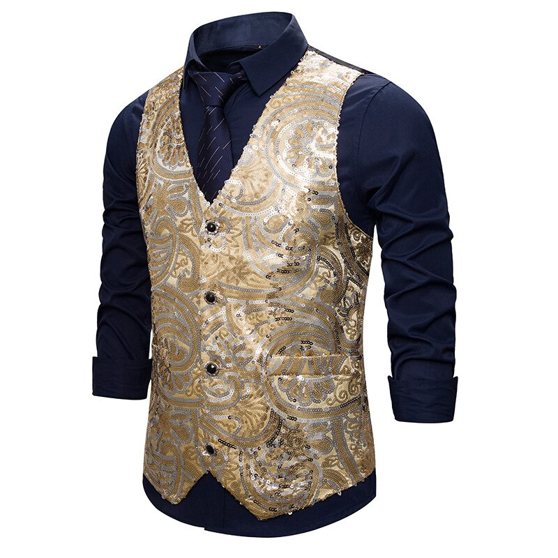 Herre skinnende gull paljett glitter pyntet vest bryllup prom slim fit vest mannlig gilet homme dj club scene sanger kostyme
