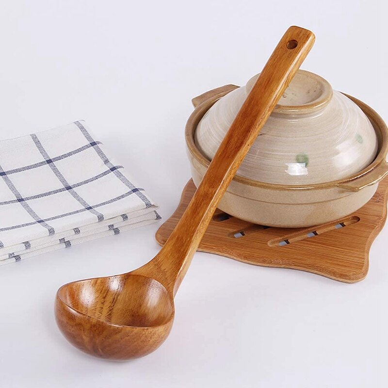 Japanese Solid Wood Soup Ladle Long Handle Pot Spoon Kitchen Cooking Utensil