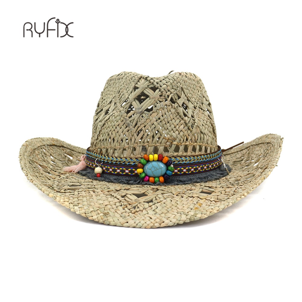 Retro Women Men's Hollow-out Baking Paint Cowboy Western Summer Straw Cowgirl Sun Hat Turquoise Pendant Wood Bead HA191