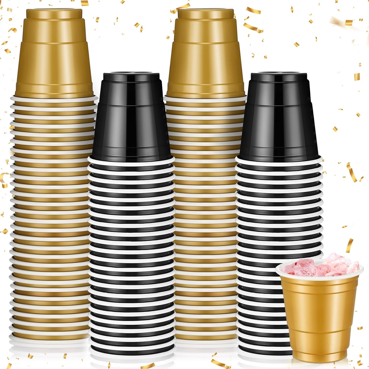 Paquete de 100 Mini vasos de de 2OZ, vasos de plástico dorados y negros, vasos desechables para Navidad, cumpleaños, boda, navideña: Multicolor