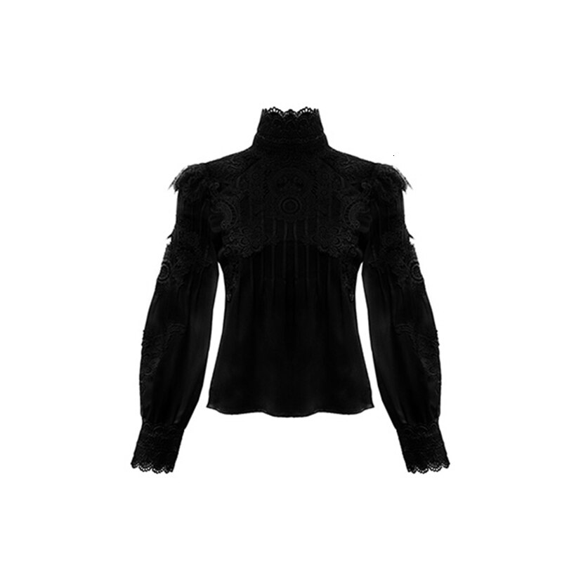 CHICEVER-Camiseta informal de verano de encaje liso para mujer, ropa ajustada de talla grande con cuello levantado y manga abombada,: S / black