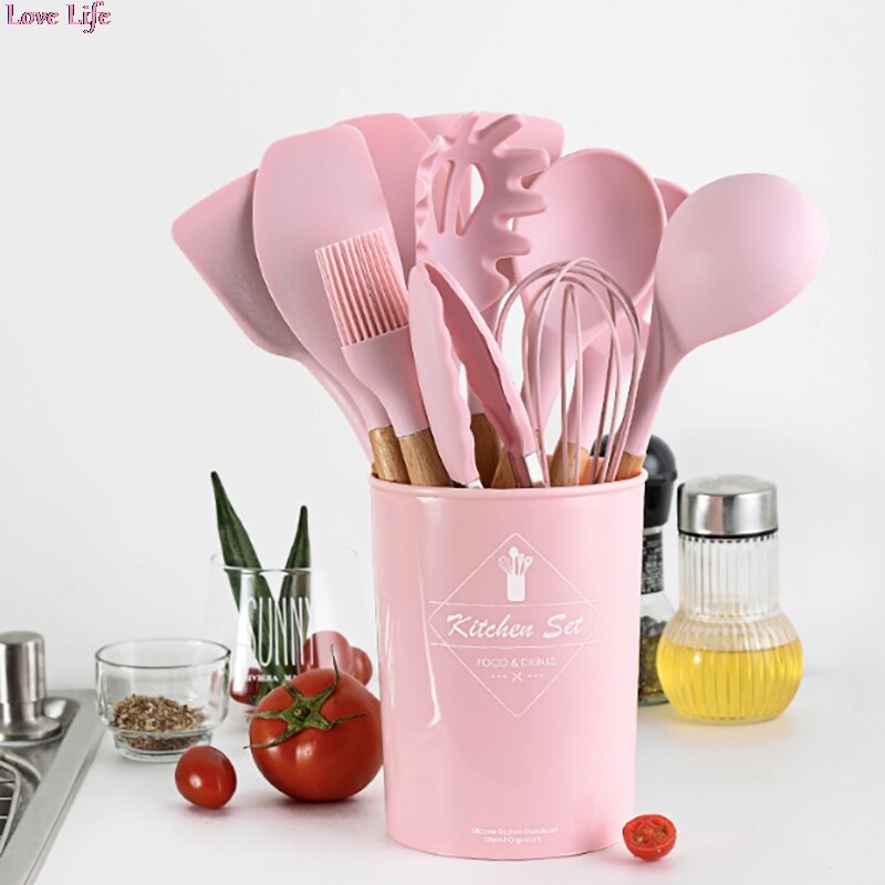 Food-Grade Non-Toxic Silicone Cooking Utensils Set Non-Stick Spatula Shovel Wooden Handle Cooking Tools Set
