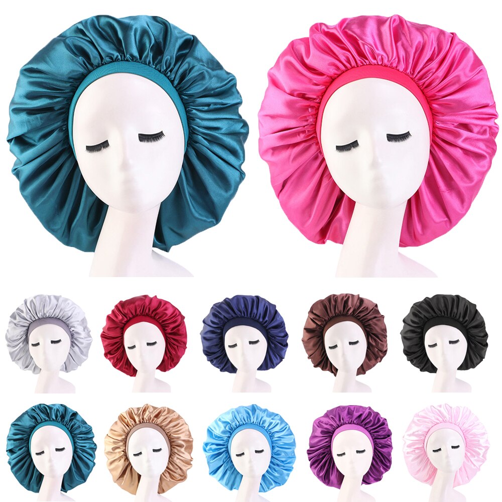 Women Satin Sleep Night Chemo Cap Solid Color Stretch Hair Care Hat Turban Bonnet Headscarf Skullies Wide Elastic Band Headwear