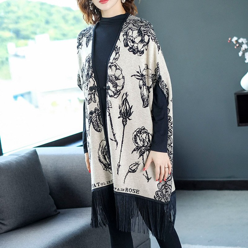 årgang frynset strikket kappe floral poncho flaggermus-ermer dusker kappe cardigan genser sjal kvinne kåpe  l3971