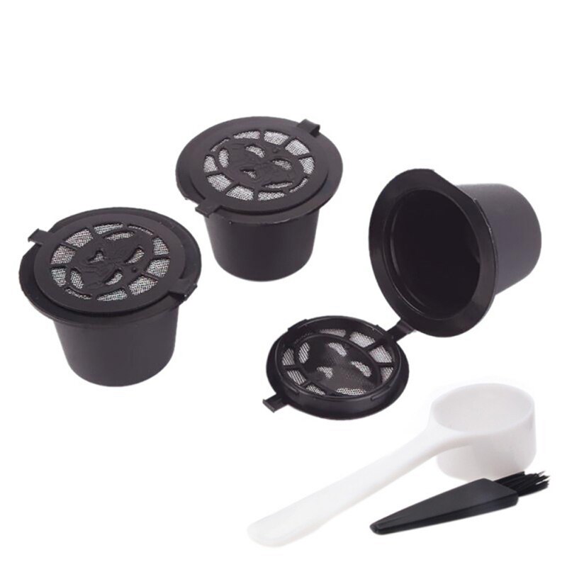 Reusable Coffee Capsules Cup With Spoon Brush Black Refillable Coffee Capsule Refilling Filter Coffeeware