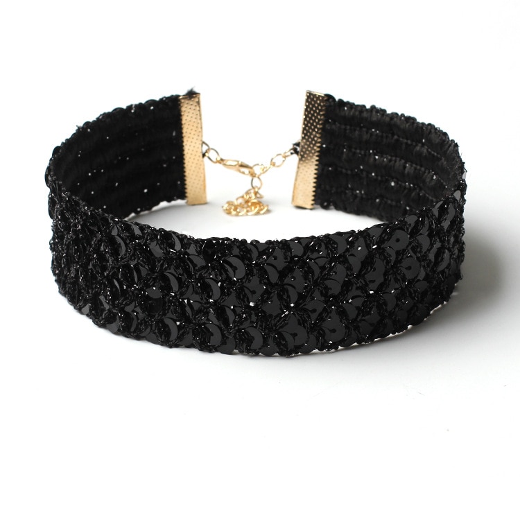 Black Velvet Sequins Chokers Necklaces for women Silver Color Golden Shining Collar Necklaces Wide Chokers Jewelry