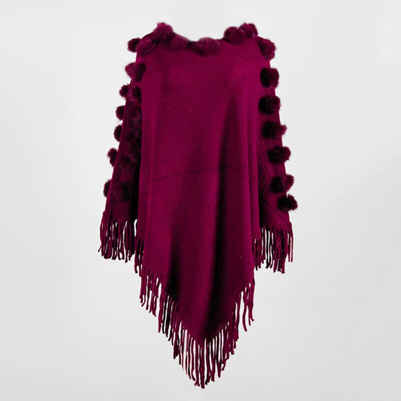 Dam cape kappa tofs stickad poncho lös pullover tröja kappa sjal höst vinter toppar kvinnliga solida ponchos med hårboll: Röd