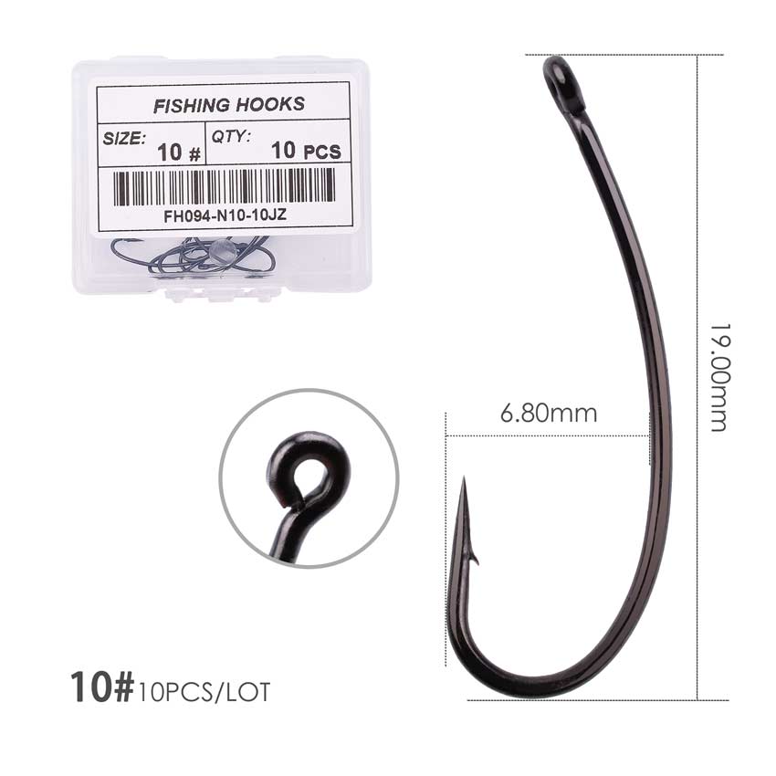 10pcs/ Box Long shank Telflon Coated Carp Fishing Hook Matt Black Fish Hooks Curved Shank Carp Fishing Rig Hooks: Size 10  10pcs