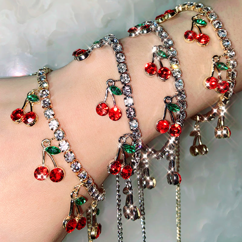 Flatfoosie skinnende kirsebær krystal armbånd til kvinder guld sølv farve bling rhinestone armbånd fest smykker