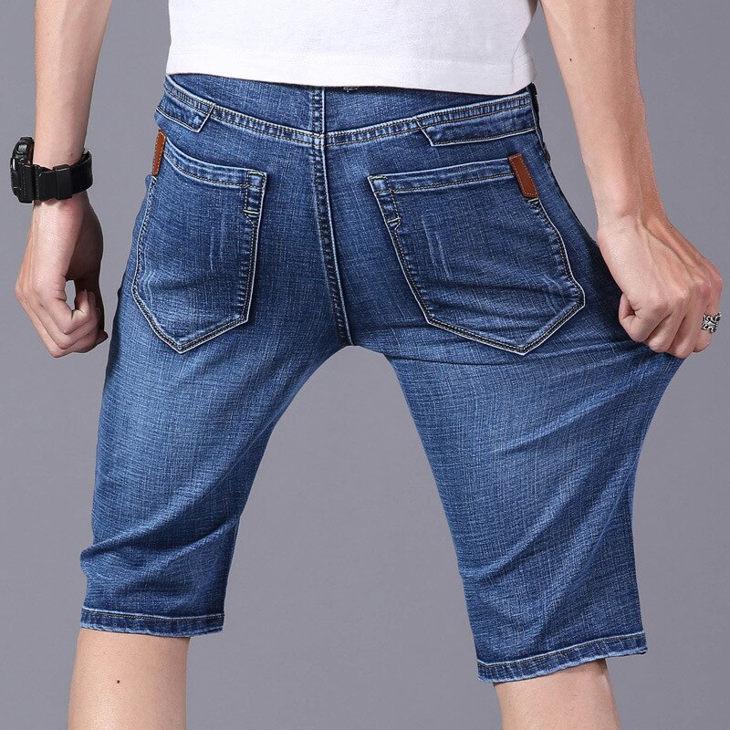 Jeansshorts för män 2022 #39 stretch tunn cowboy cowboy manliga knäbyxor blå casual jeans shorts herr