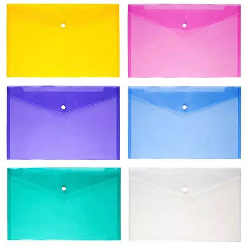 6Pieces/Set Colourful A4 Size Plastic Envelope Transparent Button PP File Bag Test Paper File Bag